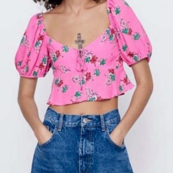 Zara Pink Floral Milkmaid Crop Top - Picture 2 of 10